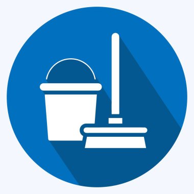 Simge Süpürgesi ve Kova. Çocuk sembolü için uygun. Uzun gölge tarzı. Basit dizayn edilebilir. tasarım şablonu. Basit resimleme