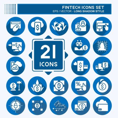Icon Set Fintech. Eğitim sembolü için uygun. Uzun gölge tarzı. Basit dizayn edilebilir. tasarım şablonu. Basit resimleme