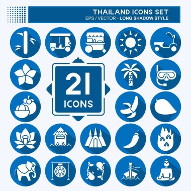 Simge Tayland 'ı ayarladı. Tayland sembolüyle ilgili. Uzun gölge tarzı. Basit dizayn edilebilir. Basit bir çizim. Basit vektör simgeleri. Dünya Seyahat Turizmi. Tayland