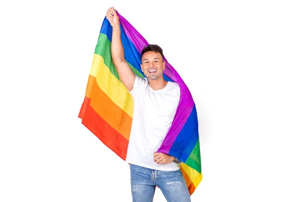 Portrait Smiling Young Gay Man Holding Lgbtqi Flag Isolated White — Stock Photo, Image