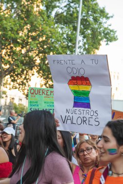 Madrid, Spain, July 09, 2022. Madrid Pride Parade 2022 with people walking along one of the main streets of the city. . High quality photo