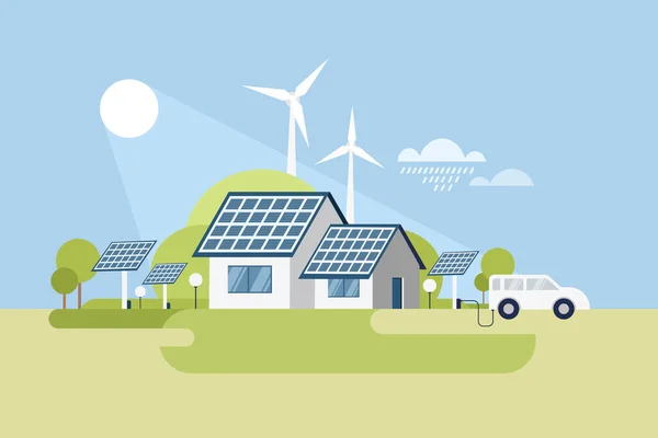 Ilustrace Ekologického Moderního Domu Využívajícího Obnovitelné Zdroje Energie — Stockový vektor