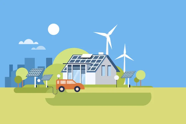 Ilustracja Przyjaznego Środowisku Nowoczesnego Domu Wykorzystującego Odnawialne Źródła Energii — Wektor stockowy