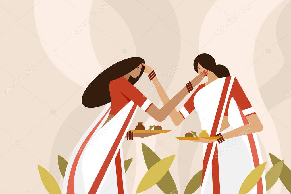 Illustration of women applying vermilion on each others face as part of the Vijayadashami festival