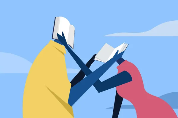 一个男人和一个女人读着他们的头所代表的书的概念图解 — 图库矢量图片