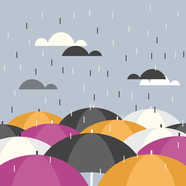 Dešťové Kapky Padající Vrchol Deštníků Mnoha Barev — Stockový vektor