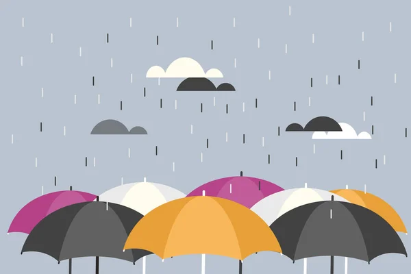 Dešťové Kapky Padající Vrchol Deštníků Mnoha Barev — Stockový vektor