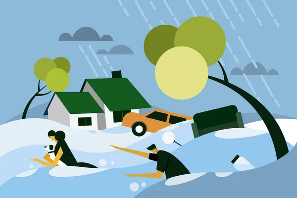 洪水の状況から逃れるパニック状態の人々 — ストックベクタ