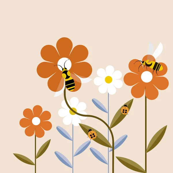 Illustration Honeybees Bugs Sitting Flowers — Stock Vector