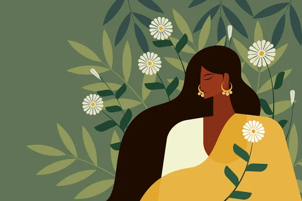 Ilustração Uma Menina Indiana Vestindo Vestido Tradicional Contra Fundo Floral — Vetor de Stock