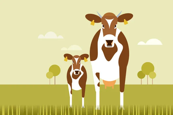 草原に立つ牛や子牛のイラスト — ストックベクタ