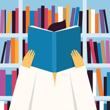 Kütüphanede kitap okuyan biri.