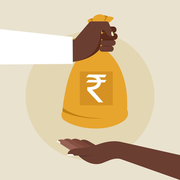 Рука, держащая денежный мешок и другая рука, получающая его