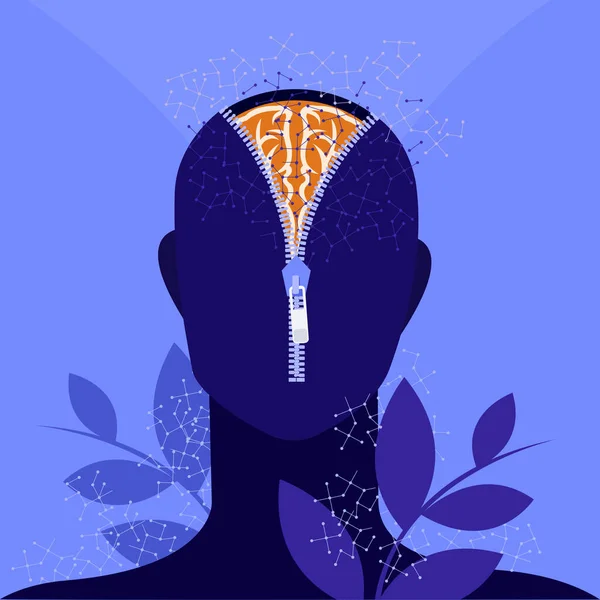 Ilustración Conceptual Cerebro Humano Derramado Con Una Cremallera — Vector de stock