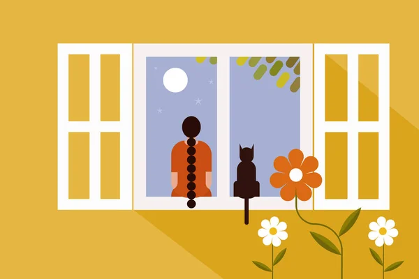 Ілюстрація Маленької Дівчинки Кішки Сидить Вікні Дивиться — стоковий вектор