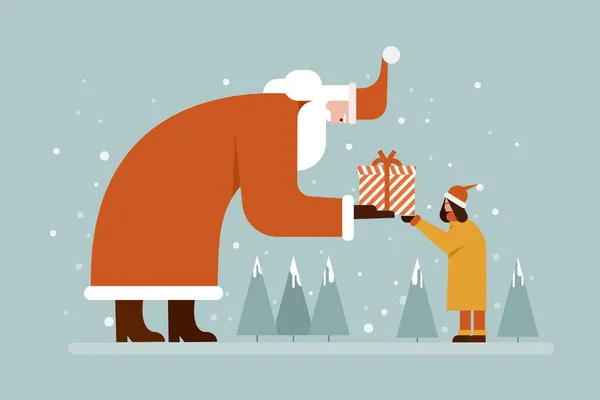 サンタクロースは冬の背景の少女に贈り物をする — ストックベクタ