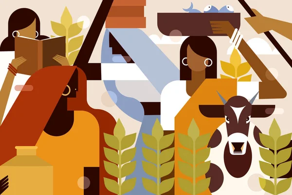 Ilustracja Indyjskich Kobiet Wiejskich Wykonujących Różne Rodzaje Pracy — Wektor stockowy