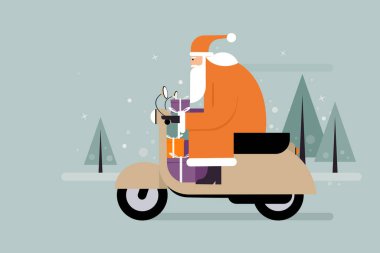 Noel Baba kışın arka planda scooter 'da hediyeler taşıyor.