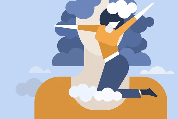 Illustration Une Jeune Fille Imaginant Voler Dans Les Nuages — Image vectorielle