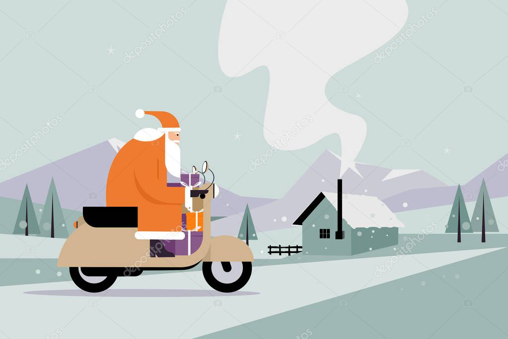 Santa Claus with gifts on a scooter in a winter background