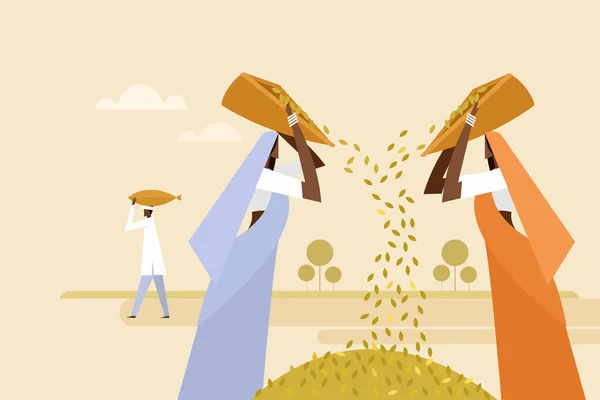 Tarımsal çiftliklerde çalışan kadınlar hasattan sonra tahıl topluyor.