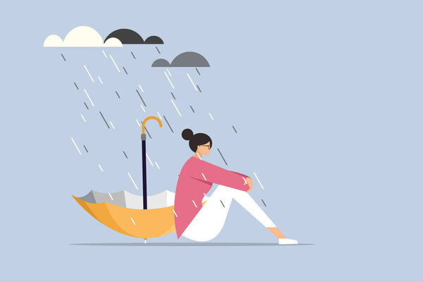 Conceptual illustration of a depressed girl sitting in the rain with an upside down umbrella