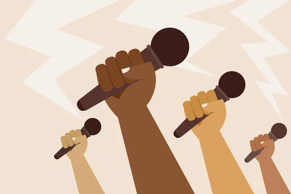 Illustration Grupp Händer Som Håller Mikrofoner Begreppet Yttrandefrihet — Stock vektor