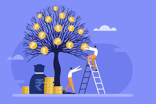 Pessoas Pegando Coletando Moedas Rúpias Indianas Uma Árvore Dinheiro — Vetor de Stock