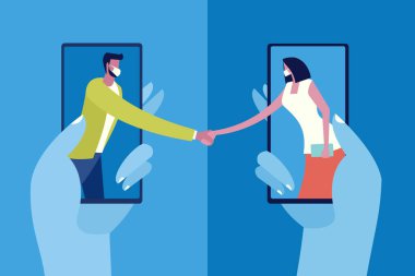 Cep telefonları çerçeveliyken ve el sıkışırken maske takan iki kişinin kavramsal çizimi. Viral salgın zamanında sosyal hayat kavramı