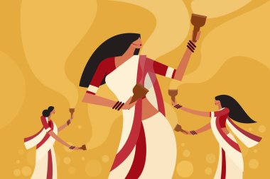 Durga Puja Festivali sırasında ellerinde tütsü yakıcılarıyla dans eden kadınların resmi