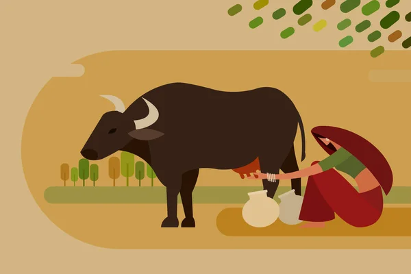 Woman Milking Cow Vector Illustration — 图库矢量图片