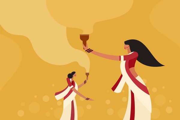 Ilustrace Žen Tančících Hořáky Kadidlo Rukou Během Festivalu Durga Puja — Stockový vektor