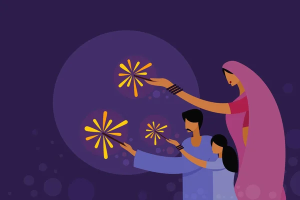Miembros Familia Con Vestidos Tradicionales Celebrando Festival Diwali Con Fuegos — Archivo Imágenes Vectoriales