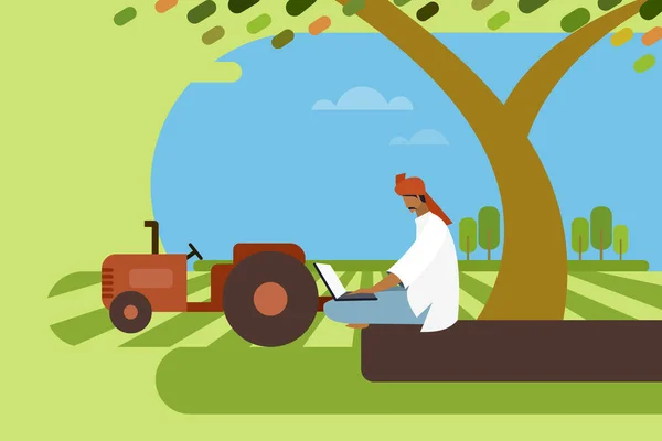 Agricultor Laptop Tractor Vetor Ilustração —  Vetores de Stock