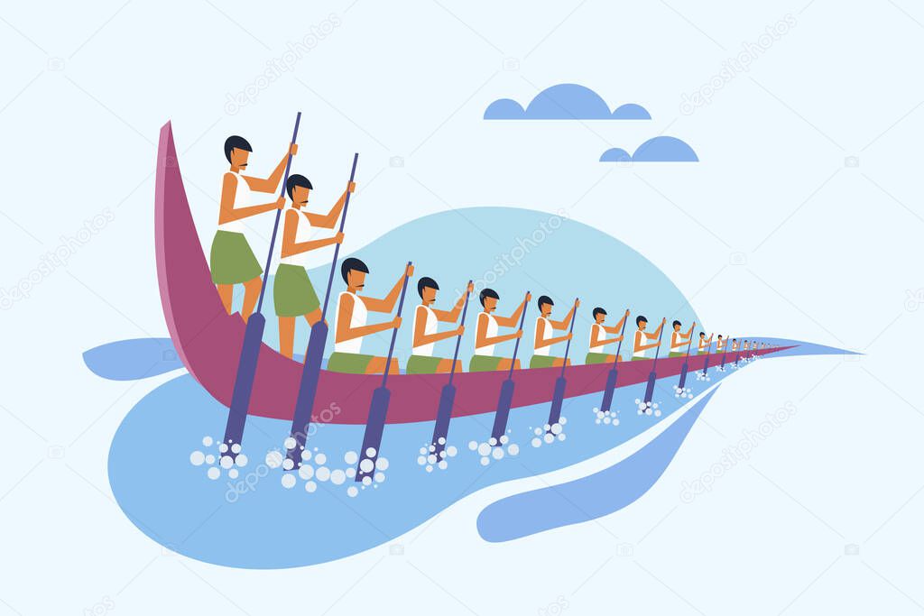 Oarsmen rowing a snake boat. Concept for boat racing in Kerala, India.