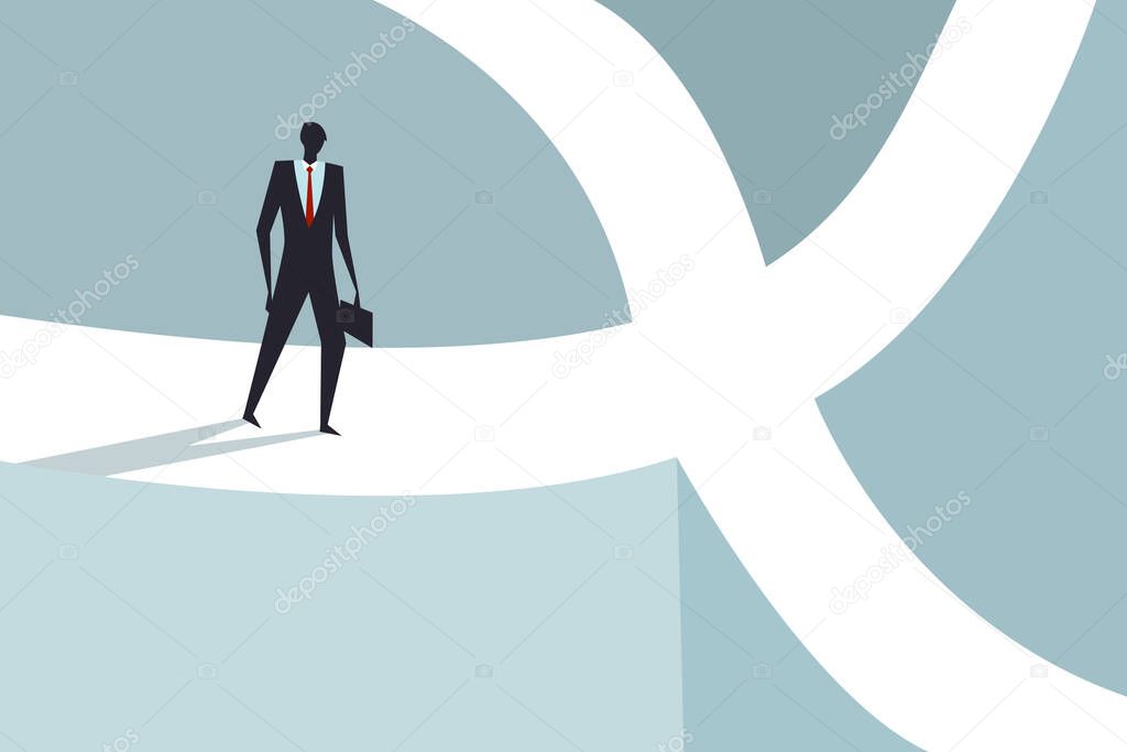 Business executive standing on a cross junction to choose the right direction. Concept for decision making.