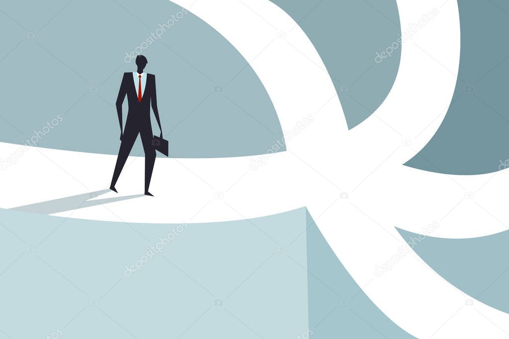 Business executive standing on a cross junction to choose the right direction. Concept for decision making.