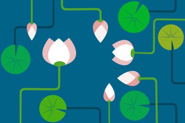 Göletteki nilüfer çiçeklerinin düz çizimi