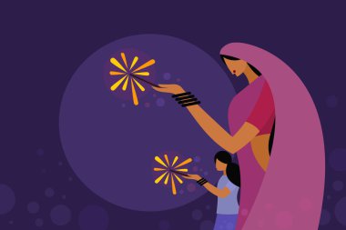 Anne ve kızı havai fişek kullanıyor, vektör çizimi