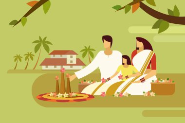 Geleneksel olarak giyinmiş aile yerde çiçek tasarımı yapar. Kerala 'da Onam Festivali Konsepti