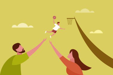 Çocuk sahibi mutlu ebeveynler, vektör çizim tasarımı