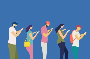 Kuyrukta bekleyen gençler cep telefonlarıyla sohbet baloncuklarıyla meşguller.