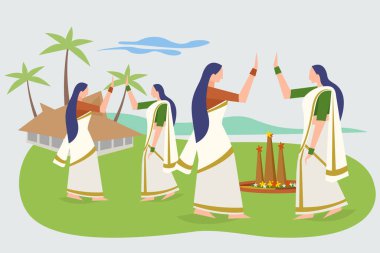 Kadınlar Thiruvathira dansı yapıyor. Hindistan 'ın Kerala kentinde Onam festivali konsepti.