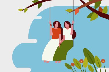 İki kız dışarıda sallanıyor. Onam Festivali Konsepti Kerala, Hindistan