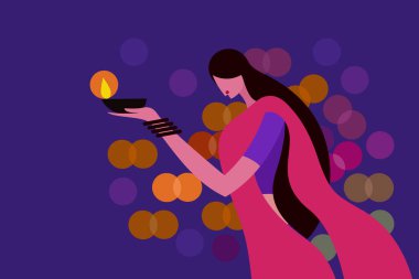 Geleneksel Hint elbisesi giyen ve elinde Diwali festival lambaları tutan bir kadın.