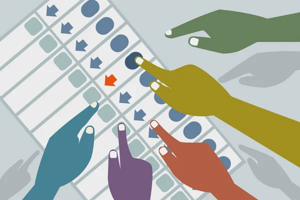 Χέρια Ρίχνει Ψηφοφορία Ένα Ηλεκτρονικό Μηχάνημα Ψηφοφορίας — Διανυσματικό Αρχείο