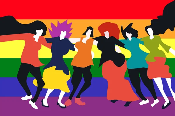 Mujeres Pie Sobre Bandera Lgbt Diseño Ilustración Vectorial — Vector de stock