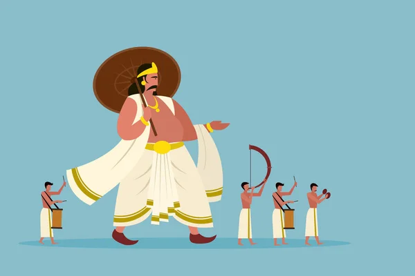 Rey Mítico Kerala Mahabali Caminando Junto Con Gente Tocando Instrumentos — Archivo Imágenes Vectoriales