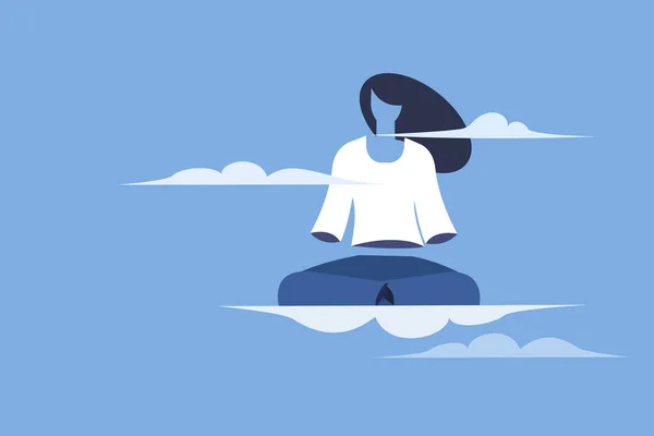 Conceptual Illustration Girl Doing Meditation She Floats Clouds Feels Body — 图库矢量图片