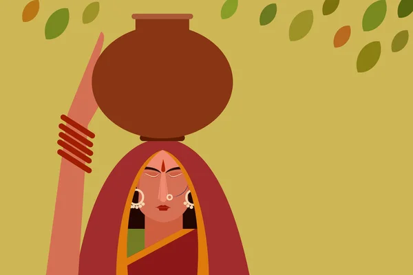 Tradiční Indické Ženy Nesoucí Hlavách Hrnce Vodou — Stockový vektor